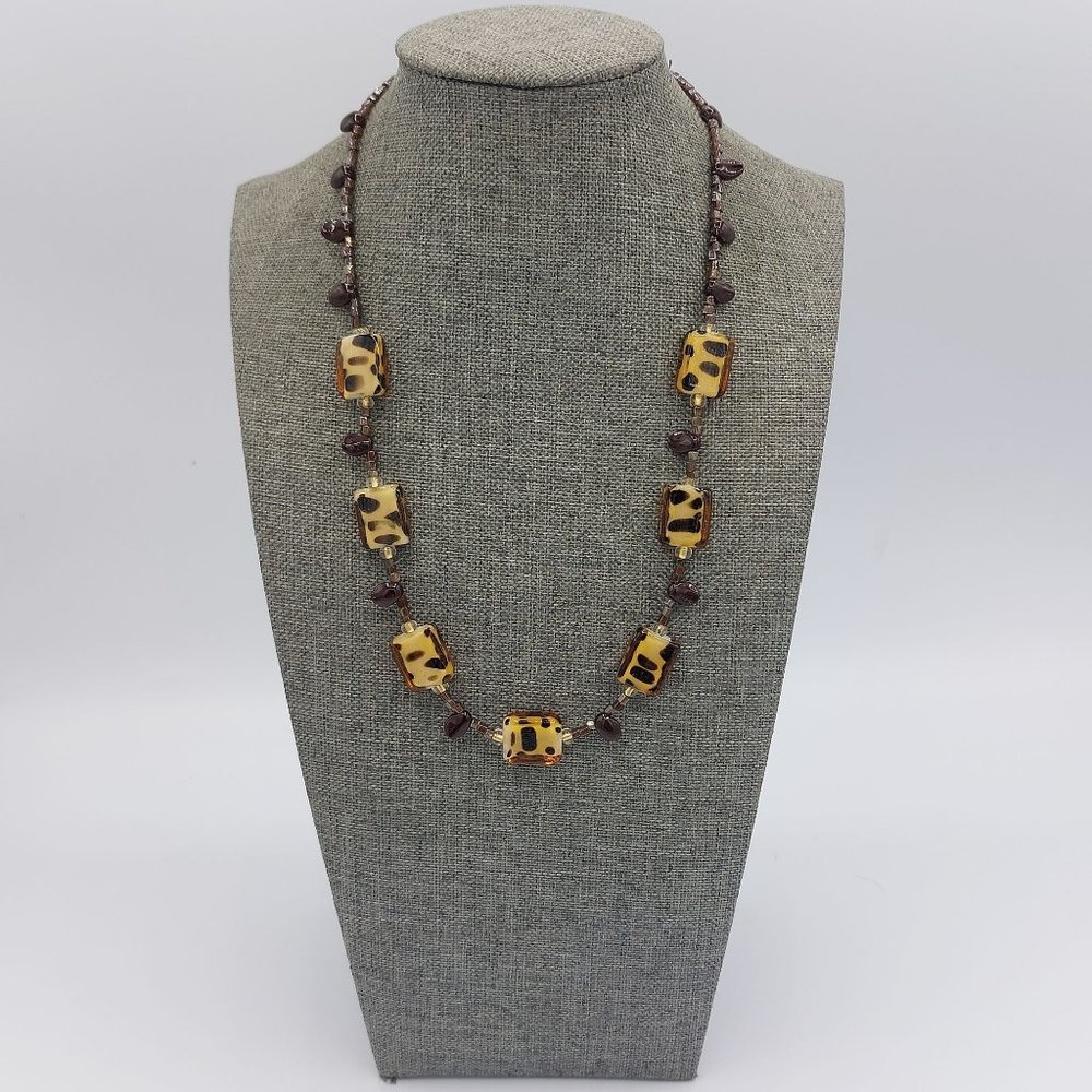 Animal Print Necklace Tortoise Pattern Brown Glass Beaded Amber Toggle Clasp